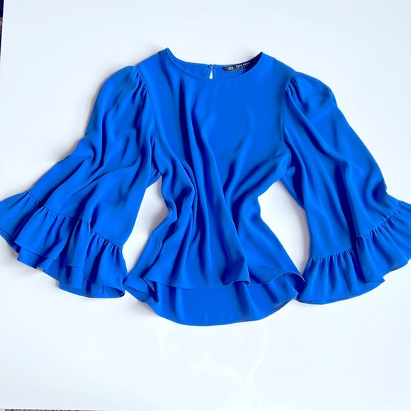 Zara royal blue blouse with gorgeous feminine bell sleeves with ruffle - Picture 4 of 12